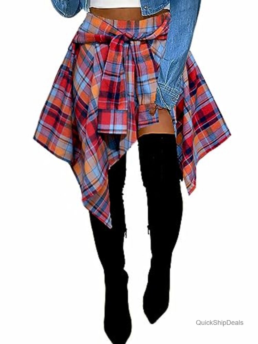 Plaid Skort High Waisted Tie Front Pleated Asymmetrical Skirt with Shorts